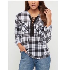 Rue 21 Large Black Plaid Lace Up Flannel